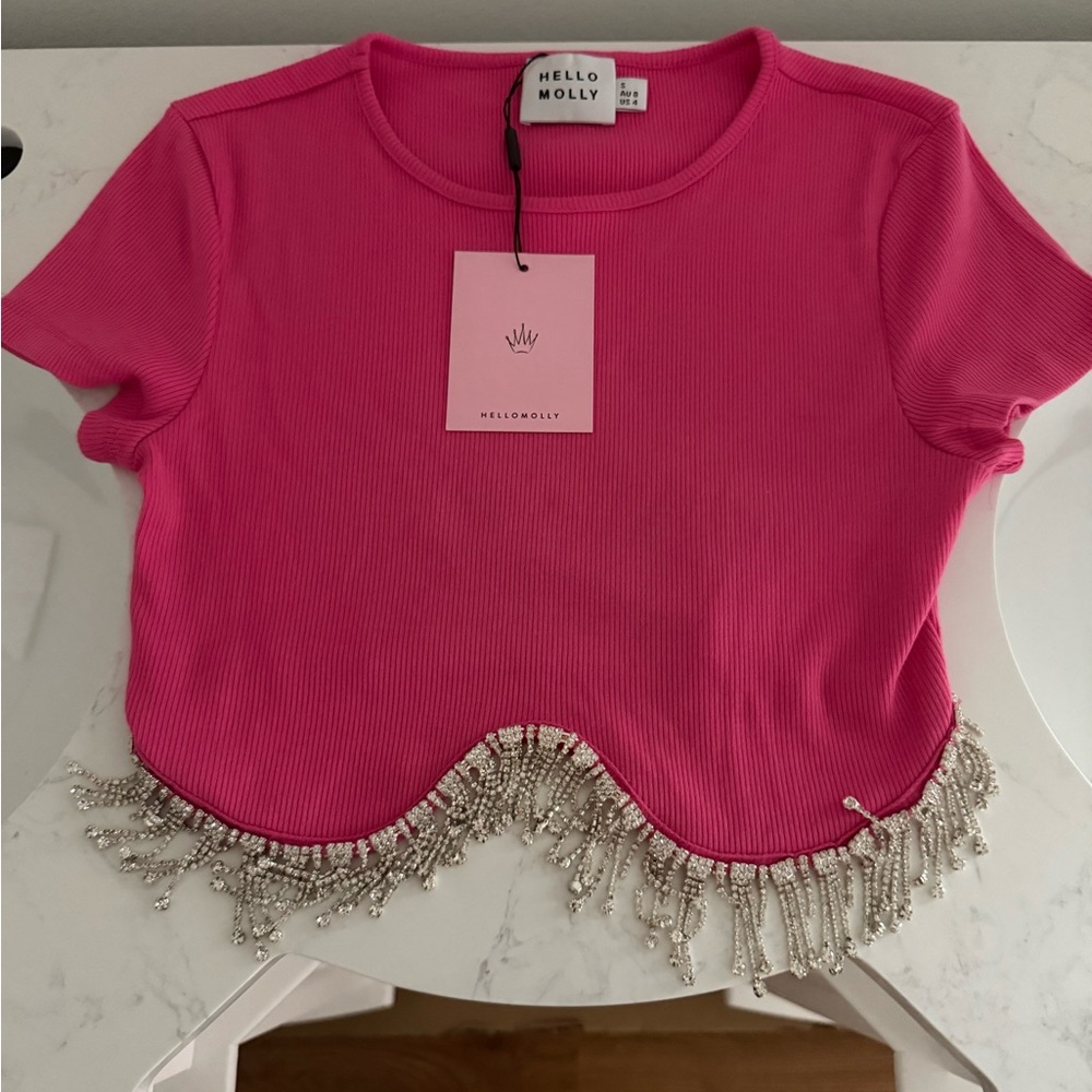 Hello Molly Pink Tee with Beaded Fringe
